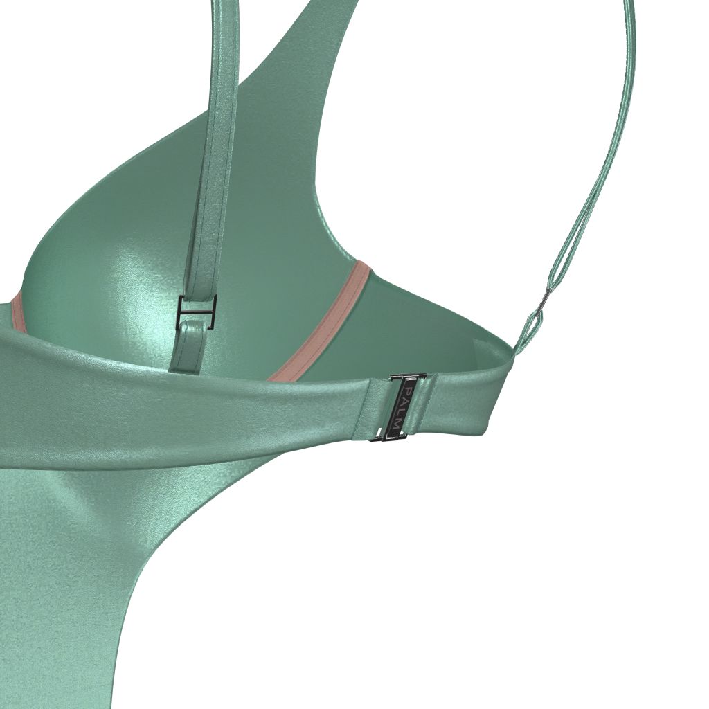 Close-up of bust and branded clasp on metallic green Barbados swimsuit