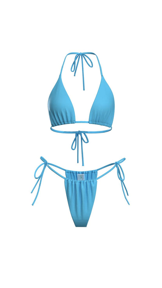 Turquoise blue triangle bikini set with adjustable tie strings – Brazilian-style swimwear for women, perfect for summer beachwear.