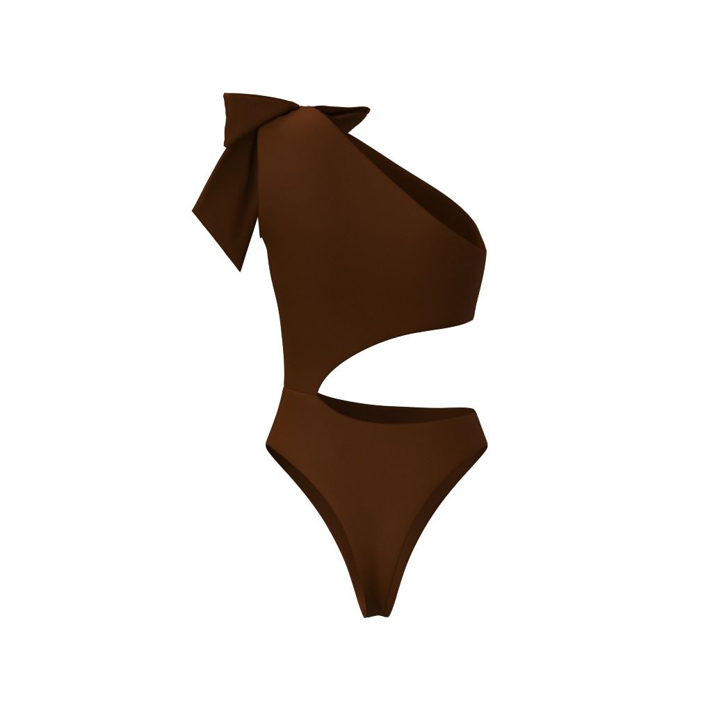 Back view of brown monokini with tied shoulder strap, luxury resort swimwear