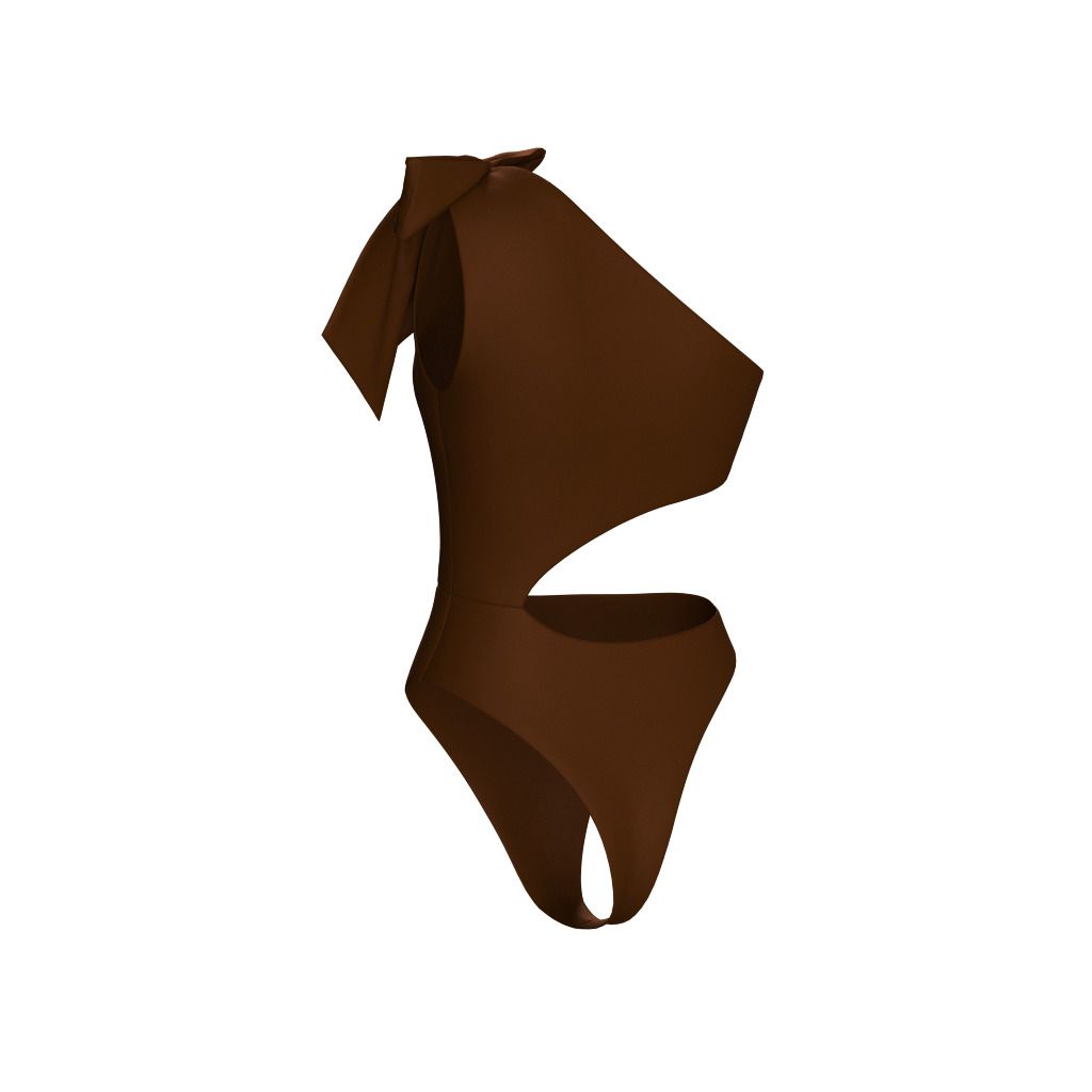 Brown asymmetric one-piece swimsuit with bow tie shoulder, modern swimwear design