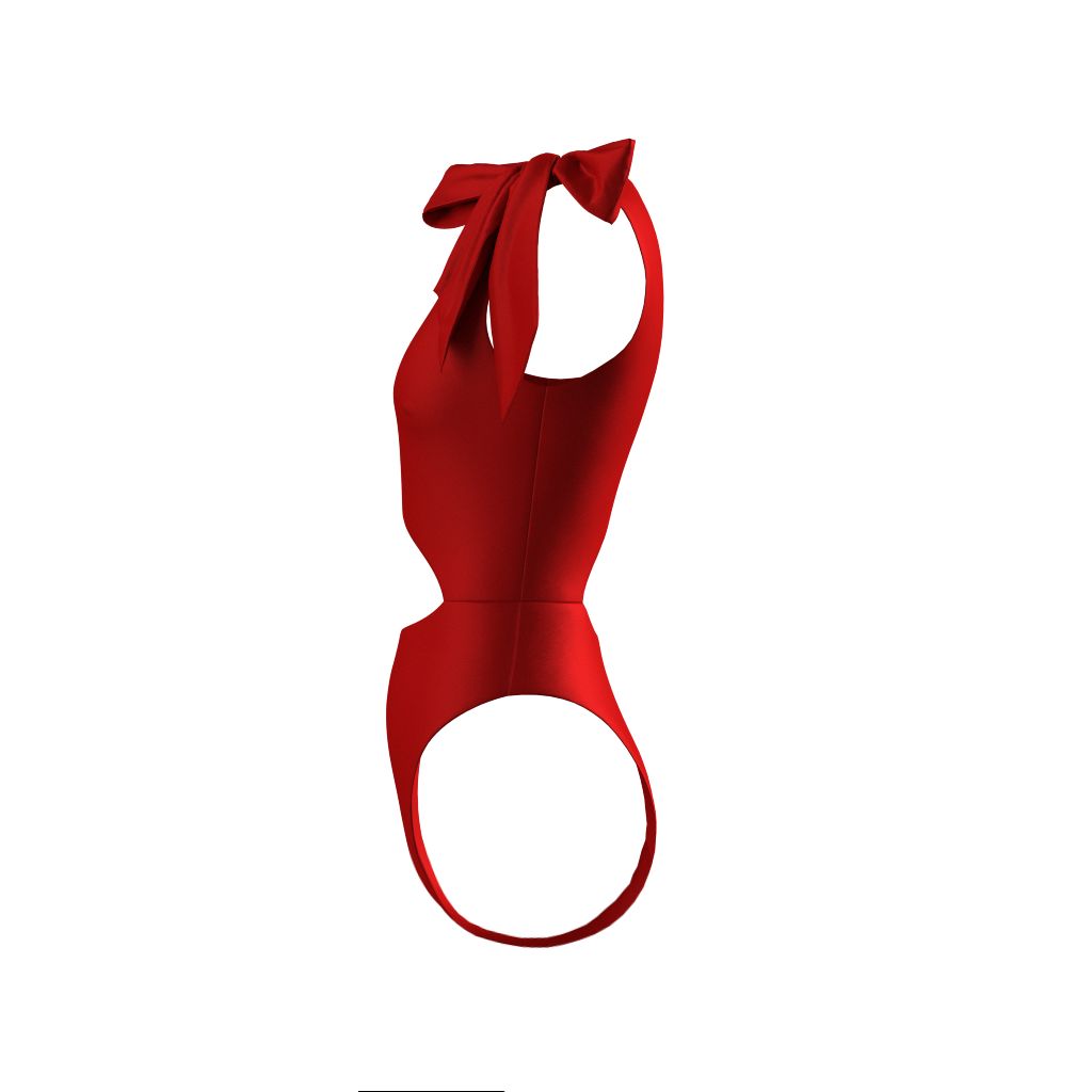 Model wearing Dominica red one-shoulder cut-out swimsuit with high-leg design and bow tie
