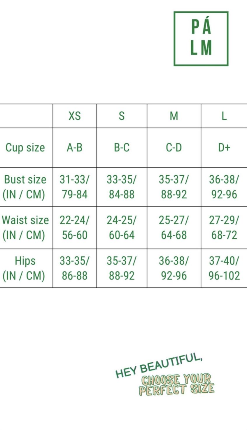 Swimsuit size chart – S to M