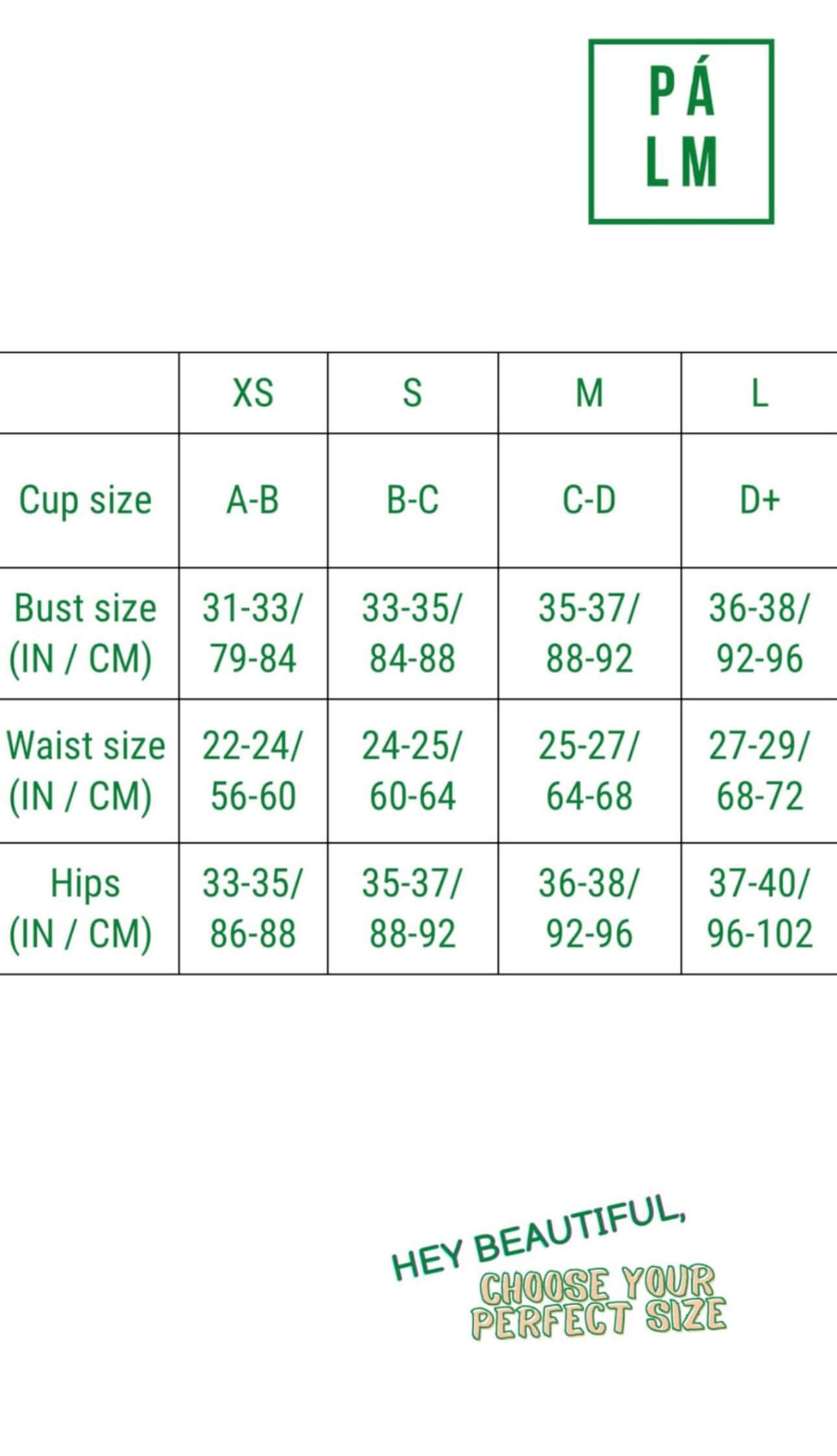 Bikini size chart – available in S, M with measurements