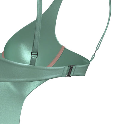 Close-up of bust and branded clasp on metallic green Barbados swimsuit