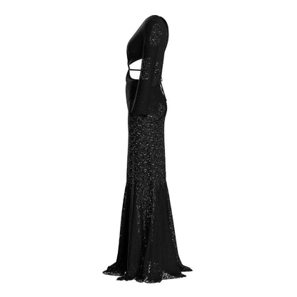 Sheer black cover-up dress layered over swimsuit
