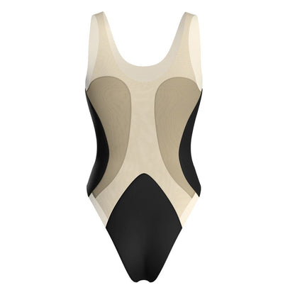 Back view of London swimsuit with high-cut legs and sheer panels
