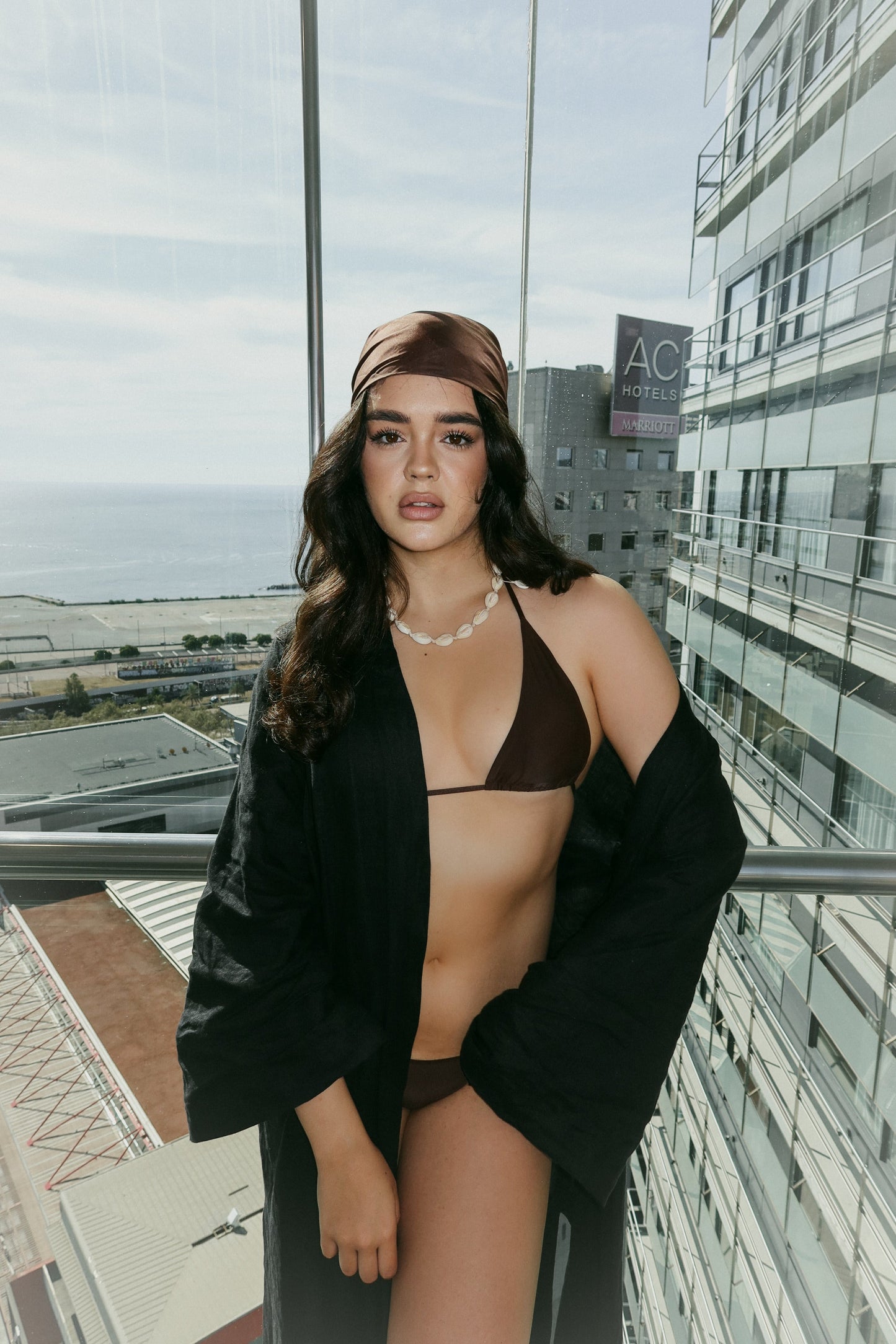 Oahu Chocolate Brown triangle bikini on model with black cover-up
