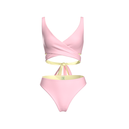 Mexico Yellow and Pink reversible bikini, Pink side full set