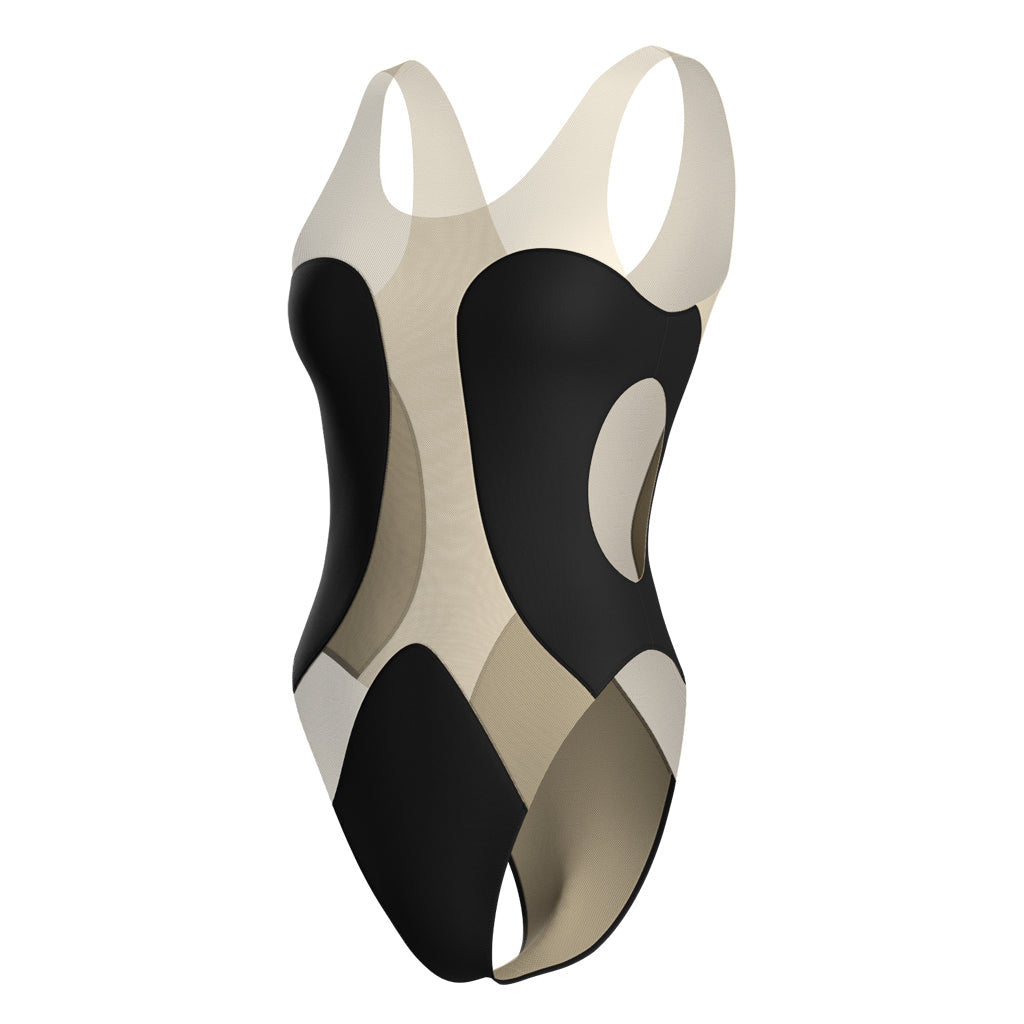London black mesh cut-out one-piece swimsuit, product render